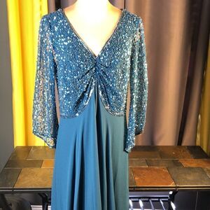 J Kara Women's 3/4 Sleeve V-Neck Embellished Top Long Dress Teal 6P